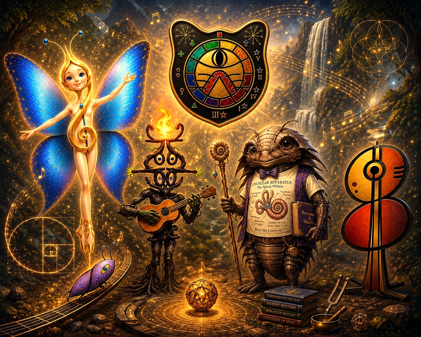 Universo visual de Fractal Music World con personajes y símbolos musicales